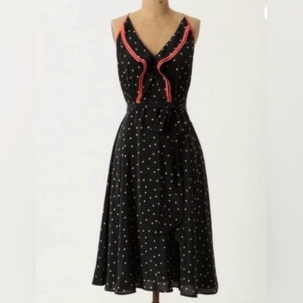 Black Polka Dot V-Neck Midi Dress with Coral Trim